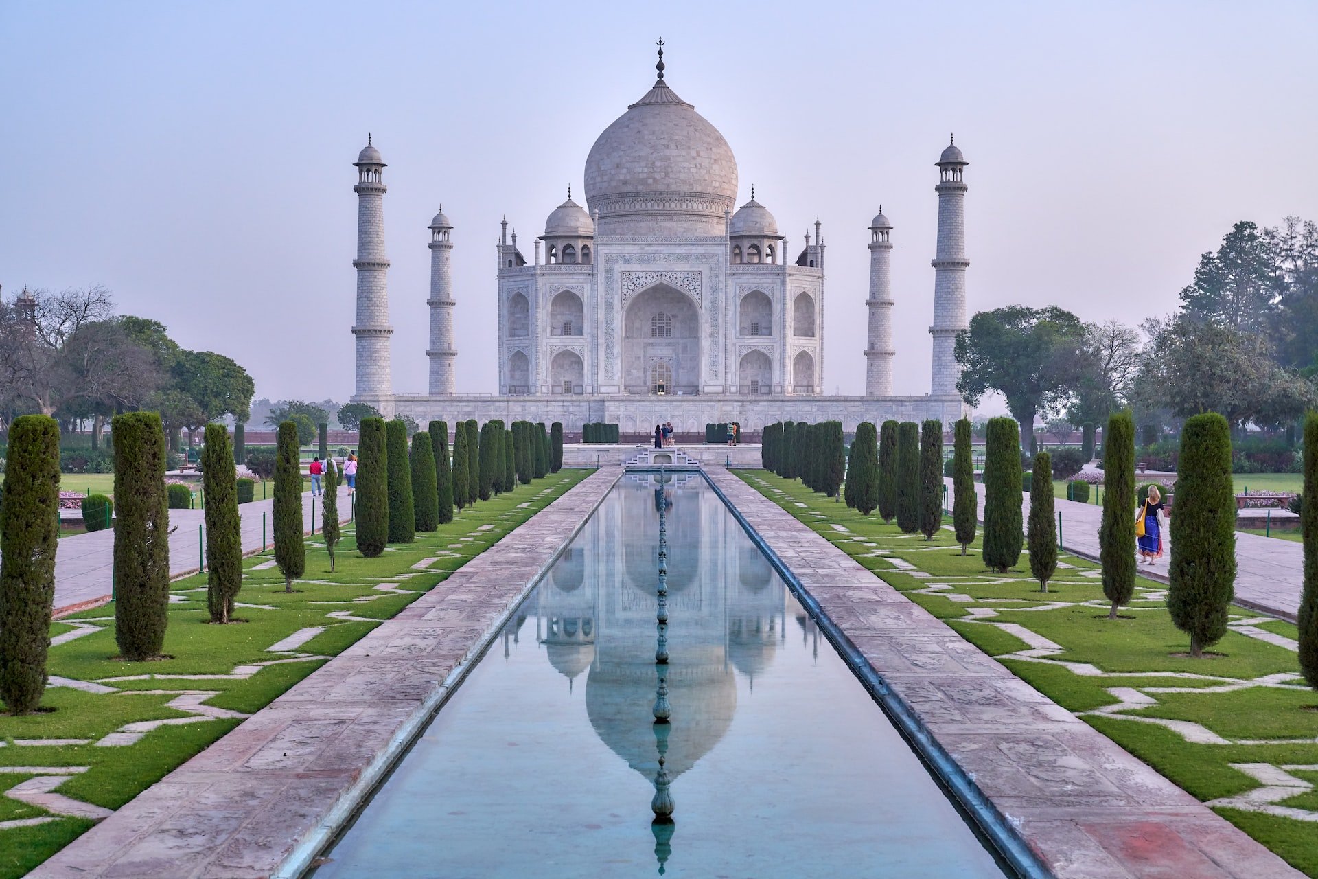 The Taj Mahal at the sunrise.