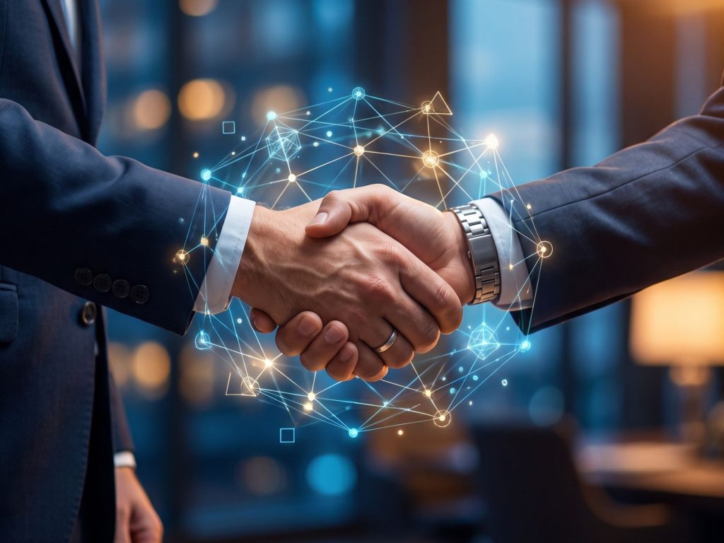 Handshake with digital web illustration as telecom engineers pairing Nokia Data Suite with Microsoft Fabric can deploy agentic network automation across infrastructure in minutes.